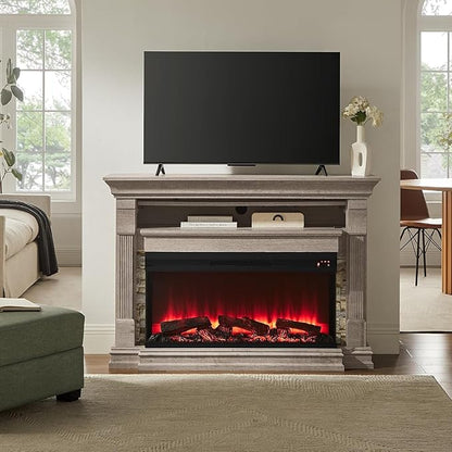 OKD 52 Inch Electric Fireplace with Mantel, Fireplace TV Stand with 36" 3-Sided Glass Electric Fireplace Heater for Living Room (Light Rustic Oak)