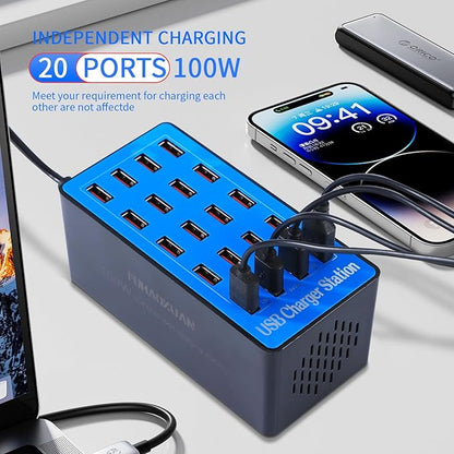 USB Charging Station,100W 20-Port Multi Device Charger with Intelligent Safety Features,Charging Station for Multiple Devices Phone,Watch,Pad,Speakers,Headphones,PS Compact for Home,Office,Travel
