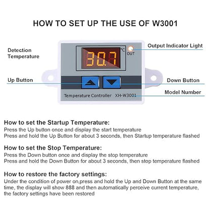 XH-W3001 Digital LED Temperature Controller Module Digital Thermostat Switch with Waterproof Probe Programmable Heating Cooling Electronic Thermostat Range from -50℃ to 110℃ (12V 10A 120W) (4 Pieces)
