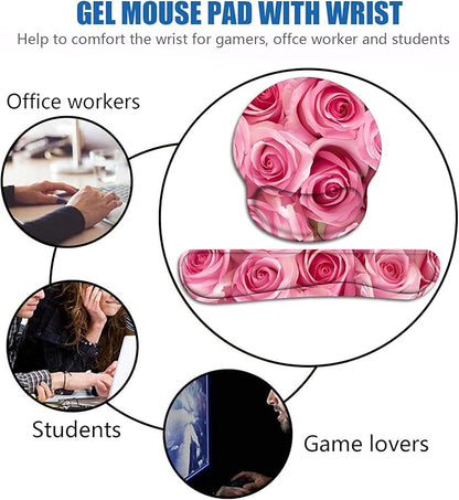 Keyboard Wrist Rest and Mouse Pad Wrist Support Set with Coasters, Non-Slip PU Base Ergonomic Gaming Mousepad for Home Office Working Studying Easy Typing & Pain Relief, Pink Roses
