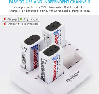 Tenergy TN136 4 Bay 9V Smart Charger with 4 Pieces Tenergy Premium 9V NiMH Rechargeable Batteries