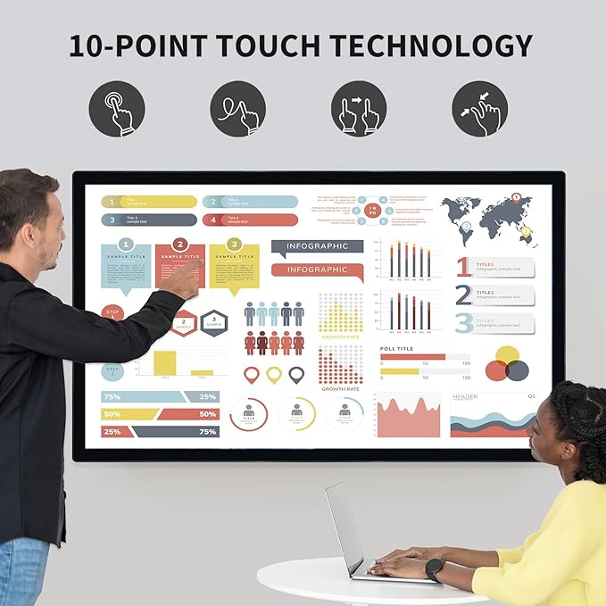 TouchWo 65-inch Interactive Touchscreen Monitor, Electronic Whiteboard Touch Screen with 4K Display, Smart Board for Home Office and Classroom, Bundled Android 11, RAM 4G & ROM 32G