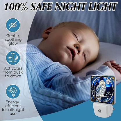PODMemory Owl Stained Glass Night Lights Plug into Wall for Room, Owl Night Light LED for Bedroom