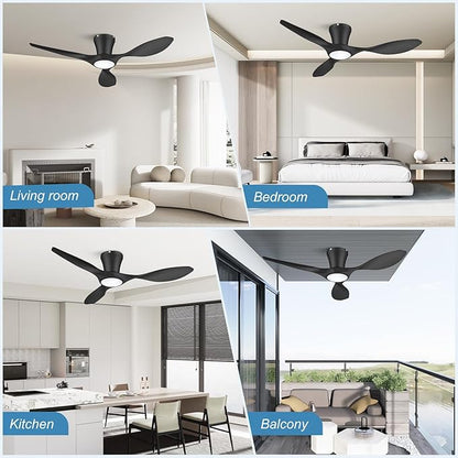 ocioc 42 inch Ceiling Fans with Lights and Remote, Dimmable Ceiling Fans with Reversible Quiet DC Motor, Flush Mount, 3CCT, Black Ceiling Fan for Bedroom Living Room Indoor/Outdoor
