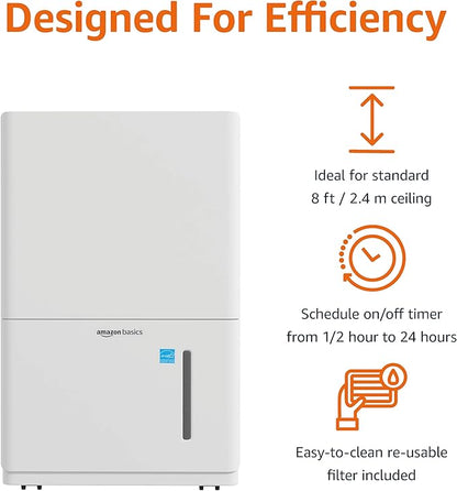 Amazon Basics Dehumidifier, 35-Pint, Energy Star Certified, for Basement, Bathroom and Other Rooms Up to 2500 SFT, with Timer, auto-defrost, Overflow Protection, White