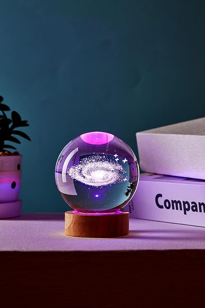 Conalisk 3D Galaxy Crystal Ball Lamp,3.15 Inch K9 Crystal Ball Night Light with Wooden Base,16 Colors Changing Light with Dimmable Remote Control,3D Laser Engraving Holographic Lamp (Galaxy)