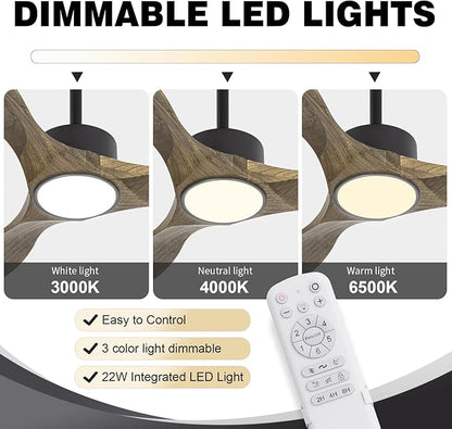 revoici Ceiling Fans with Lights Remote, 52inch Solid Amber Wood Ceiling Fan, 3 Blades Reversible DC Motor 3CCT Dimmable Lighting 3-Timer for Living Room Bedroom Farmhouse Patio