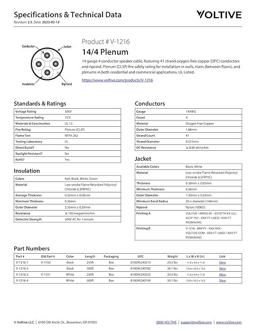 Voltive 14/4 Speaker Wire, Plenum CL3P, White, 500ft - 14AWG, 4 Conductors, Stranded Oxygen-Free Copper, UL Listed - V-1216-4