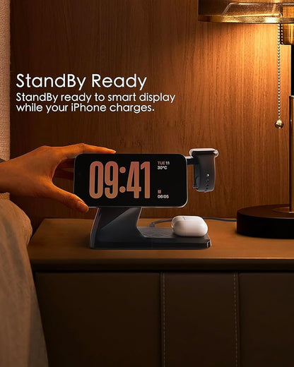 3 in 1 Charging Station for Apple Devices, Mag-Safe Charger Stand, Wireless Charger for iPhone 16/15/14/13/12 Series,& AirPods,& iWatch, Adapter Not Included
