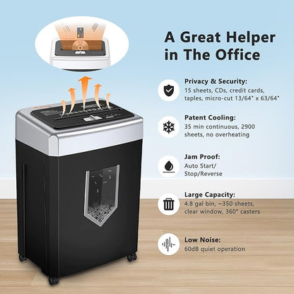Bonsaii 15-Sheet Cross-Cut Paper Shredder, Heavy-Duty Office Use, 35-Min Continuous Runtime, P-4 Security Level, Anti-Jam, Shreds CDs & Cards, 4.8-Gallon Pullout Wastebasket