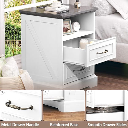 Nightstand with Charging Station Set of 2,18" Wide End Table with 2 Drawers & Metal Handles,Rustic Farmhouse Wood Small Dresser,Bedside Table,Modern Chest of Drawers for Bedroom,Living Room, Off White