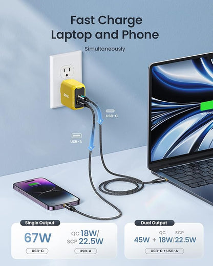 USB C Charger, AOHI 67W GaN+ PD Fast Charger Block for MacBook Pro/Air,iPad Pro,Galaxy S22/S21, iPhone 15 Pro Max/14 Plus/13/12 (Amber)