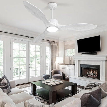 revoici 52 Inch White Ceiling Fan with Lights and Remote, Retro White Wood Low Profile Flush Mount Modern Ceiling Fan for Indoor Farmhouse Bedroom Living Room Outdoor Patio Porch, Reversible DC Motor