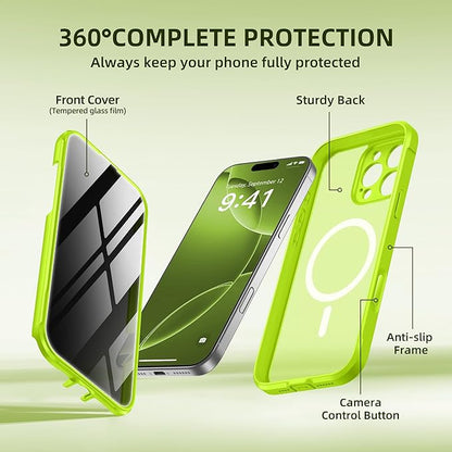 BERFY Magnetic for iPhone 16 Pro Case, Compatible with MagSafe, Built-in Privacy Screen Protector and Upgraded Camera Protection, Anti-Spy Full Body Shockproof Phone Case for 16 Pro 6.3", Bright Green