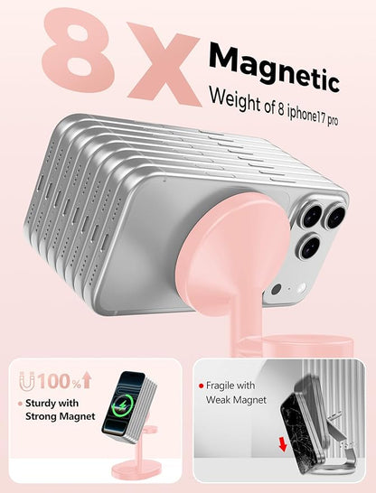 Hevanto 2025 3 in 1 Wireless Charging Station for Apple MagSafe Charger, 15W Fast Mag-Safe Charger Stand for iPhone 17 16 15 14 13 12 Apple Watch AirPods Compatible with MagSafe, Pink