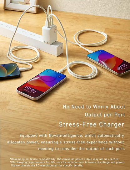 CIO 65W USB C Charger Block, Max 67W GaN Fast Charging Brick w/Dual Type-C Ports & Type-A, USBC Charger, Wall Adapter for Laptop/Phone/Tablet, Multi Travel Power Brick, NovaPort Trio II 2C1A (White)