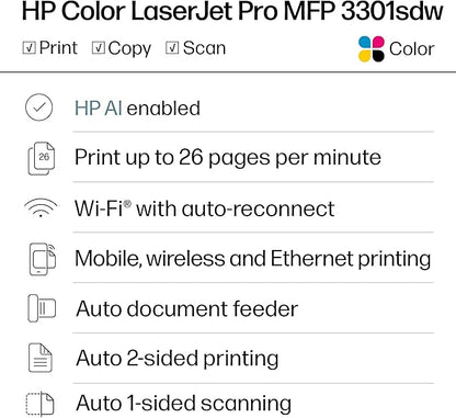 HP Color LaserJet Pro MFP 3301sdw Wireless All-in-One Color Laser Printer, Office Printer, Scanner, Copier, ADF, Duplex, Best-for-Office (499Q3F)