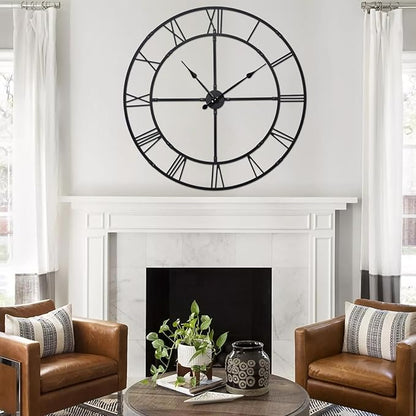 Ohweog Large Wall Clock for Living Room Decor – 32 Inch Silent Non-Ticking Modern Farmhouse Wall Clock, Oversized Decorative Metal Roman Numeral Clock, Black