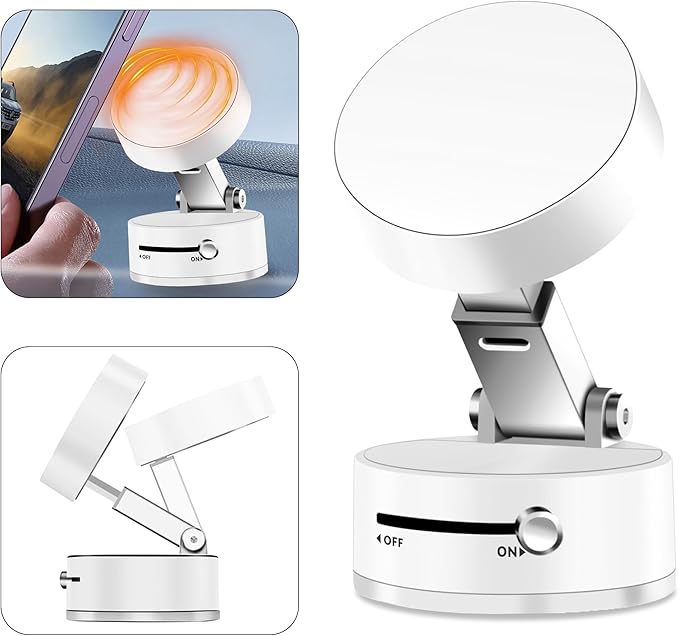Foldable Vacuum Magnetic Suction Phone Holder,Retractable Magnetic Car Cellphone Holder,Hands-Free Portable Multifunctional Vacuum Suction Phone Mount for Car, Mirror, Gym, Kitchen (White)