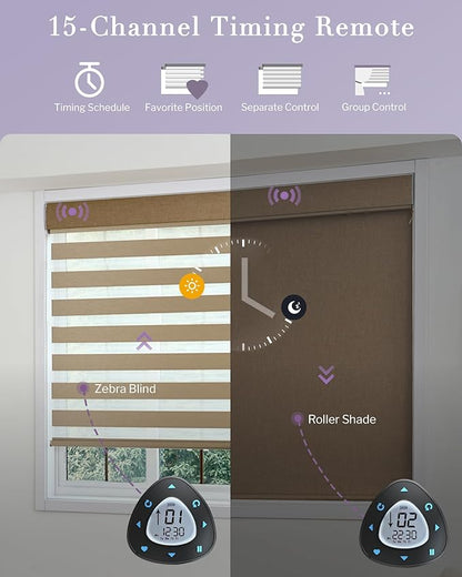 Graywind Smart Dual Shades Compatible with Alexa Google Homepod Motorized Double Zebra Blinds Matter Solar Powered, Custom Size (Coffee)