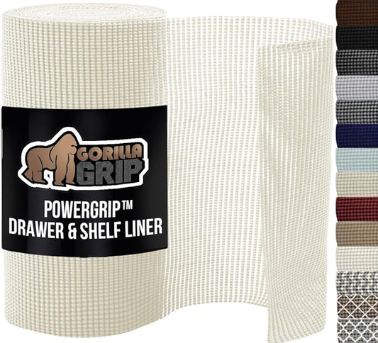 GORILLA GRIP powerGRIP Drawer Shelf and Cabinet Liner, Thick Strong Hold, Non-Adhesive Liners Protect Kitchen Cabinets and Cupboard, Bathroom Drawers, Easy Install, Breathable Mat, 20" x30' Snow White