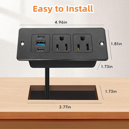 Recessed Power Strip USB, 20W Fast Charging Furniture Outlet - 2 AC & 3 USB (2 USB-C + 1 USB-A) for Desk, Bedside, Drawer, Conference Table - Space-Saving, Easy Install, 10FT Cord, Black