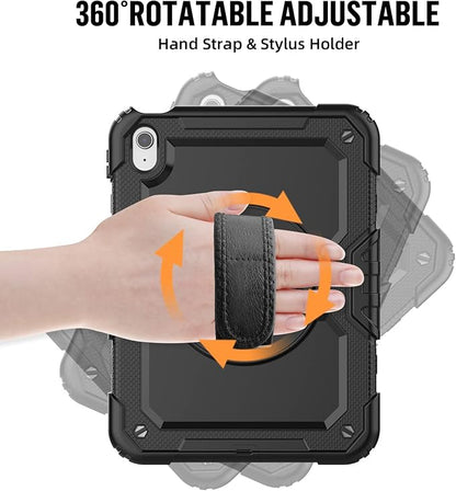 BLOSOMEET Case for iPad A16 11th/10th Generation 11''/10.9'' 2025/2022 with Tempered Glass Screen Protector & Pencil Holder, Rugged Military Grade Cover w/Stand Hand Shoulder Strap, Black