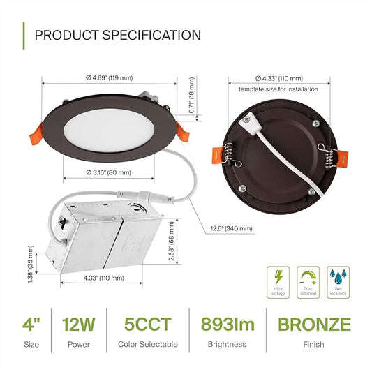ASD 1 Pack LED Recessed Lighting 4 Inch 12W, 5 CCT 2700K-5000K CRI90+, IC Rated Ultra Thin Dimmable Ceiling Lights with J Box, Canless Wafer Downlight, Round Slim Panel Light, UL Listed, Bronze