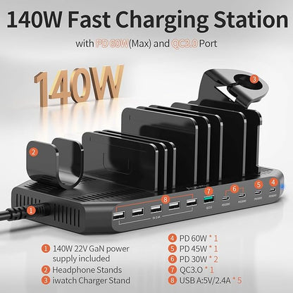 Alxum 140W USB C Charging Station -10 Port Fast Charging Station with QC 3.0 & 4 * USB C PD 60W+45W+30W, Multi Device Charger Organizer Compatible with Laptop, iPad, Tablet, Cell Phone and More