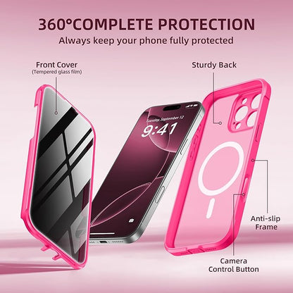 BERFY Magnetic for iPhone 16 Pro Case, Compatible with MagSafe, Built-in Privacy Screen Protector and Upgraded Camera Protection, Anti-Spy Full Body Shockproof Phone Case for 16 Pro 6.3", Hot Pink