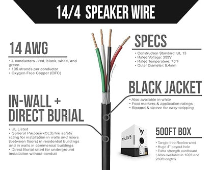 Voltive 14/4 Speaker Wire, in-Wall CL3 & Direct Burial, Black, 500ft - 14AWG, 4 Conductors, Stranded Oxygen-Free Copper, UL Listed - V-1209-5