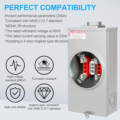 200 Amp Meter Socket, 4 Jaw Meter Base, 600V 3 Wire Ringless Type, with Horn Bypass Meter Cover Plate, Suitable for Overhead/Underground Feed