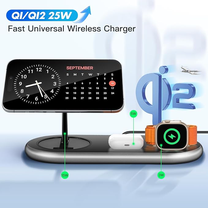 Wireless Charger iPhone Apple Qi2 Magsafe Charger 3 in 1 Charging Station Apple Magsafe Charger Stand for iPhone 16 15 14 13 12 Plus Pro Max, Apple Watch 1-9 Ultra, Airpods 2-3 Series