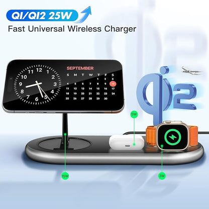 Wireless Charger iPhone Apple Qi2 Magsafe Charger 3 in 1 Charging Station Apple Magsafe Charger Stand for iPhone 16 15 14 13 12 Plus Pro Max, Apple Watch 1-9 Ultra, Airpods 2-3 Series