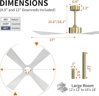 WINGBO 54" Wet Rated Outdoor Ceiling Fan with Lights, 4 ABS Plastic Blades, Reversible DC Motor, 6-Speed Remote Control, 3 CCT, Waterproof Ceiling Fan for Patio Porch Gazebo Garage, Brass and White