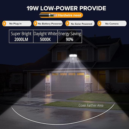 UME 19W LED Security Lights Motion Sensor Light Outdoor, 2000LM Motion Flood Light, 5000K, IP65 Waterproof, 2 Adjustable Head Motion Detector Security Light for Exterior,Outside,Garage,Yard(White)