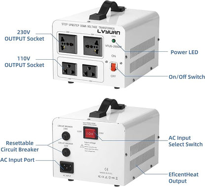 LVYUAN 2500 Watt Voltage Transformer Converter Step Up/Down Converter 110/120 Volt - 220/240 Volt with 2 US outlets, 2 Universal outlets and CE Certified,Circuit Break Protection