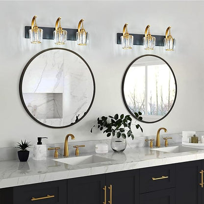 FDPBY Modern Bathroom Vanity Light, 3-Light Black Gold Wall Sconce with Crystal Accents, Over Mirror Bathroom Lighting Fixture, 23.62" Long Dimmable Vanity Lamp for Makeup, Easy Installation