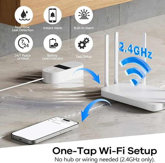 WiFi Water Leak Detector 4 Pack - Smart Water Leak Sensors with Tuya App Alerts, 130dB Loud Siren, 39" Extended Probe, Battery Powered, No Hub Required for Kitchen Bathroom Basement Laundry Room