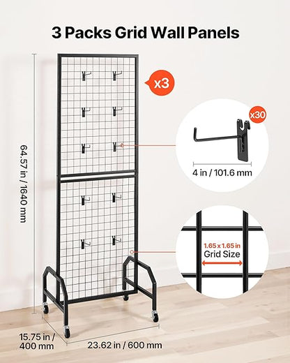 VEVOR 3 Packs Grid Wall Panels, 1.9 x 5.4 ft Wire Grid Panels Display Rack, Movable Art Display Shelf with Wheels and 30 Hooks, Black Carbon Steel Gridwall for Craft Show, Decor, Storage, Notice Board