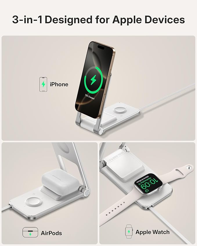 Wireless Mag-Safe Charger Stand for iPhone 16 Pro Max, 3 in 1 Charging Station for Multiple Devices, Metal Foldable Travel Charger for Apple Watch & AirPods, Built-in Retractable USB-C Cable, White