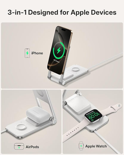 Wireless Mag-Safe Charger Stand for iPhone 16 Pro Max, 3 in 1 Charging Station for Multiple Devices, Metal Foldable Travel Charger for Apple Watch & AirPods, Built-in Retractable USB-C Cable, White