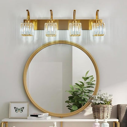 FDPBY Crystal Vanity Lights 4-Light Gold Bathroom Vanity Lights Modern Crystal Bathroom Light Fixtures Over Mirror 32.67" Long Vanity Light for Bathroom