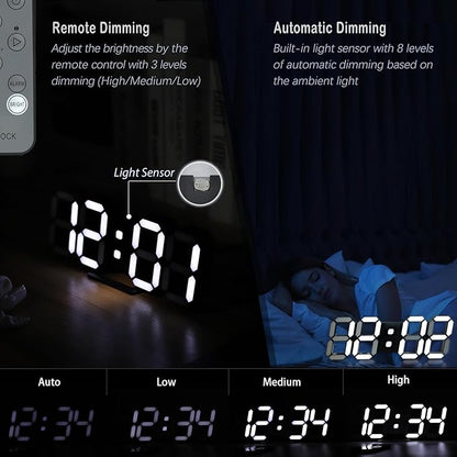 KOSUMOSU Digital Clock 3D LED Wall Clock for Living Room Decor 9.7" Alarm Clocks Black Clock Wall Decor Digital Wall Clock,Remote Control/Dimmer/Date/Temperature