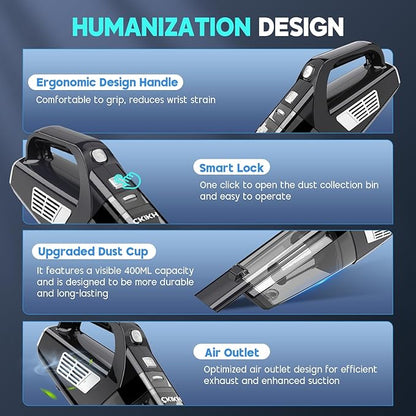 CKIKH Handheld Vacuum Cordless, 15000PA Strong Suction Hand Held Car Vacuum Cleaner Portable with Multi-Nozzles & Washable Filter, Lightweight Dust Busters Rechargeable for Home, Car, Office, Pets