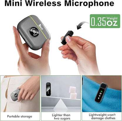 BKIY Wireless Lavalier Microphone for iPhone/Android - Dual Mini Noise Canceling Mic with Charging Case(30H), USB-C/Lightning Clip-on Microphone for Video Recording Streaming Podcast Vlogging(Black)