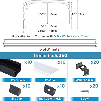 Muzata 10Pack 3.3FT/1M Plus-Size Spotless LED Channel Black LED Strip Diffuser Channel with Milky Frosted White Diffuser Cover U103 BW 1M