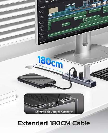 ORICO 7-Port USB 3.0 Hub, Aluminum USB Multiple Adapter, 5Gbps USB Extender USB Splitter with 6Ft Cable, UBS-A Hub Long Cable for Desktop, PC, Flash Drive, Mobile HDD, Windows/XPS