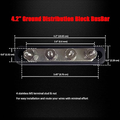 4 x #10 (M5) Studs Bus Bar, Ampper 4.2" Ground Distribution Block Brass Battery BusBar Junction with Cover for Auto Boat Amplifier and More (Black)