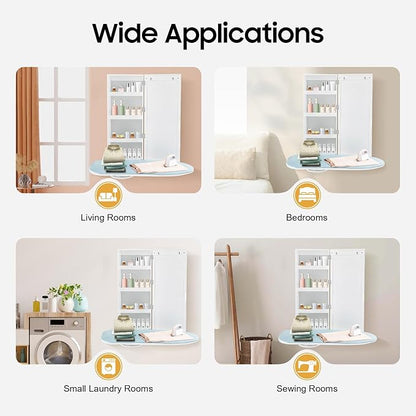 Ropoana Wall Mount Ironing Board Cabinet, Built-in Swivel Ironing Board Foldable with Storage, Wall Hanging with Mirror, Foldable Iron Storage Station for Home, Apartment, Checkrooms, White